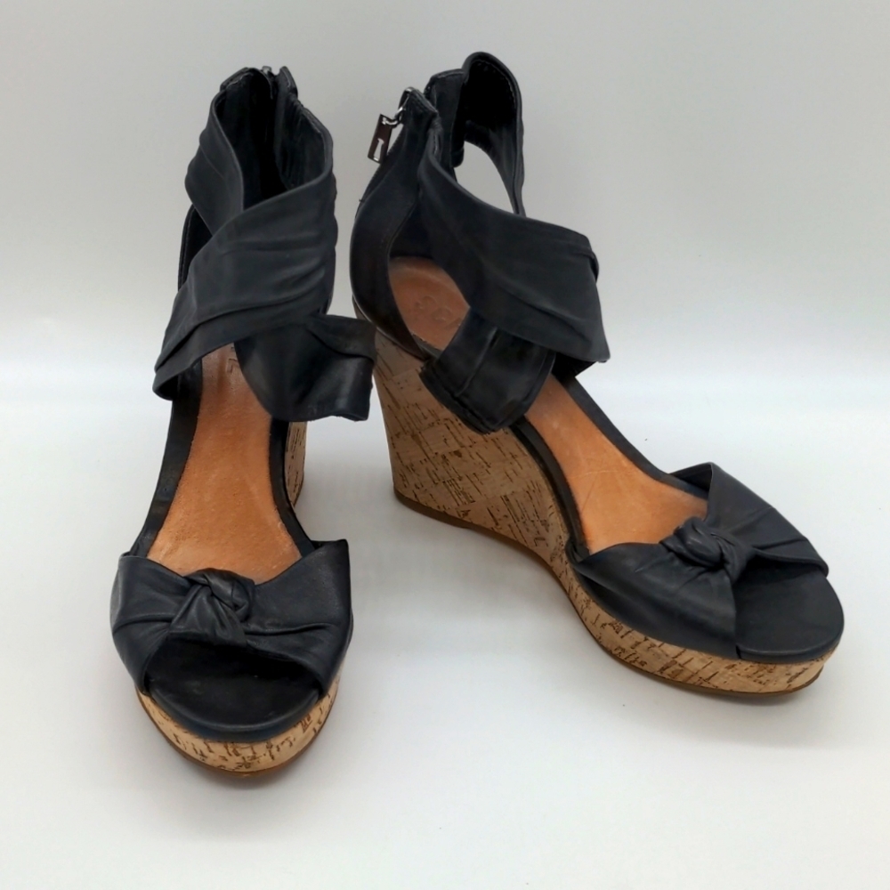 Schutz Black Cork Wedge with Back Zipper and a Elastic on Ankle Straps Size 8